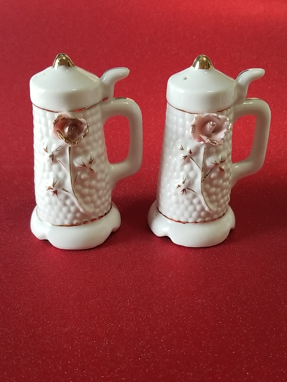 Vintage Porcelain Beer Stein Salt And Pepper Shaker Set Rose And Gold Detail